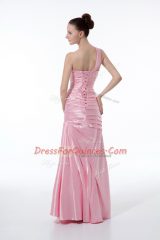 Trendy Baby Pink One Shoulder Neckline Beading and Ruching Evening Dress Sleeveless Lace Up