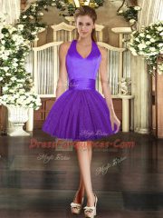 Purple Halter Top Neckline Ruching Prom Gown Sleeveless Lace Up