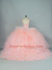 Inexpensive Tulle V-neck Sleeveless Lace Up Ruffles Sweet 16 Dress in Peach