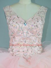 Inexpensive Tulle V-neck Sleeveless Lace Up Ruffles Sweet 16 Dress in Peach