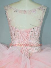 Inexpensive Tulle V-neck Sleeveless Lace Up Ruffles Sweet 16 Dress in Peach