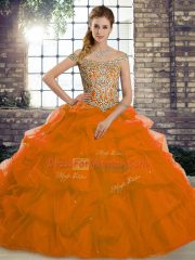 Extravagant Rust Red Tulle Lace Up Off The Shoulder Sleeveless Sweet 16 Dress Brush Train Beading and Pick Ups