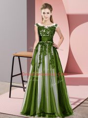 Sleeveless Floor Length Beading and Lace Zipper Dama Dress with Olive Green