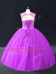 Modern Purple Ball Gowns Beading Quinceanera Dresses Lace Up Tulle Sleeveless Floor Length