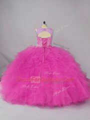 Perfect Fuchsia Quinceanera Gowns Sweet 16 and Quinceanera with Beading and Ruffles Scoop Sleeveless Lace Up