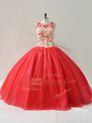 Scoop Sleeveless Tulle Ball Gown Prom Dress Beading Lace Up