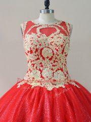 Scoop Sleeveless Tulle Ball Gown Prom Dress Beading Lace Up