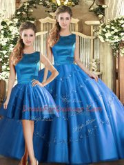 Floor Length Lace Up Quince Ball Gowns Blue for Military Ball and Sweet 16 and Quinceanera with Appliques