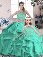 Exquisite Turquoise Sweet 16 Quinceanera Dress Sweet 16 and Quinceanera with Beading and Lace and Ruffles Scoop Sleeveless Lace Up