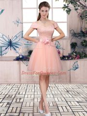 High Class Pink Tulle Lace Up Evening Dress Short Sleeves Mini Length Lace and Hand Made Flower