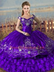 Inexpensive Off The Shoulder Sleeveless Quinceanera Dress Floor Length Embroidery and Ruffled Layers Purple Satin and Organza