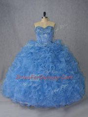 Blue Sweetheart Lace Up Beading and Ruffles 15th Birthday Dress Brush Train Sleeveless