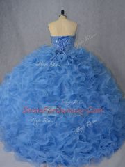 Blue Sweetheart Lace Up Beading and Ruffles 15th Birthday Dress Brush Train Sleeveless