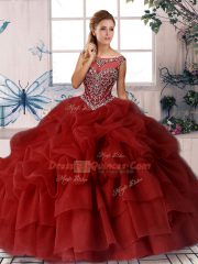Fantastic Wine Red Scoop Zipper Beading and Pick Ups Sweet 16 Dress Brush Train Sleeveless