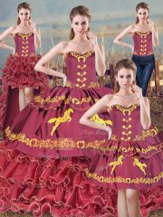 Luxurious Burgundy Sweetheart Neckline Embroidery and Ruffles Quince Ball Gowns Sleeveless Lace Up
