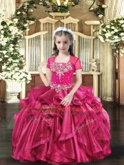 Hot Pink Straps Neckline Beading Little Girls Pageant Gowns Sleeveless Lace Up
