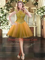 Hot Sale Orange Tulle Zipper Prom Dresses Cap Sleeves Mini Length Beading