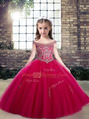 Hot Pink Tulle Lace Up Pageant Gowns For Girls Sleeveless Floor Length Beading and Appliques