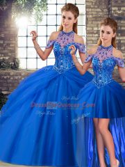 Blue Halter Top Lace Up Beading and Pick Ups 15 Quinceanera Dress Brush Train Sleeveless