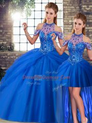 Blue Halter Top Lace Up Beading and Pick Ups 15 Quinceanera Dress Brush Train Sleeveless