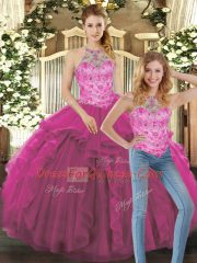 Fine Floor Length Fuchsia Quinceanera Gown Halter Top Sleeveless Lace Up