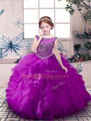 Purple Ball Gowns Organza Scoop Sleeveless Beading and Ruffles Floor Length Zipper Little Girls Pageant Gowns