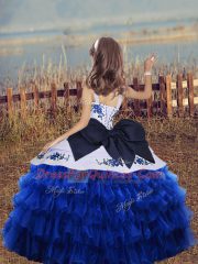 Organza Sleeveless Floor Length Pageant Gowns For Girls and Embroidery and Ruffled Layers and Bowknot