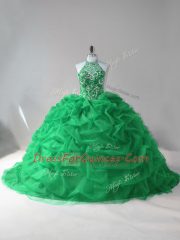 Sleeveless Tulle Court Train Lace Up Ball Gown Prom Dress in Green with Beading and Pick Ups