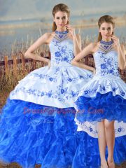 Fashionable Floor Length Lace Up Sweet 16 Dresses Blue And White for Sweet 16 and Quinceanera with Embroidery and Ruffles Court Train