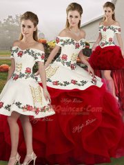 Exceptional White And Red Quinceanera Dresses Military Ball and Sweet 16 and Quinceanera with Embroidery and Ruffles Off The Shoulder Sleeveless Lace Up