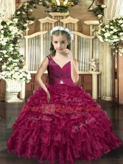 Beading and Ruffles Pageant Dress for Womens Burgundy Backless Sleeveless Floor Length