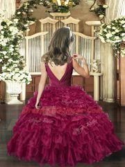 Beading and Ruffles Pageant Dress for Womens Burgundy Backless Sleeveless Floor Length