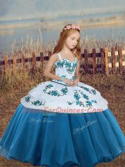 Embroidery Little Girls Pageant Dress Wholesale Blue Lace Up Sleeveless Floor Length