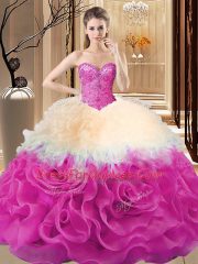 Shining Floor Length Multi-color Sweet 16 Dress Fabric With Rolling Flowers Sleeveless Beading and Ruffles