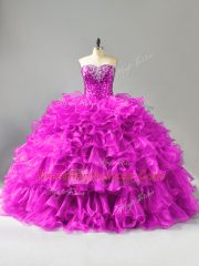 Purple Lace Up Quinceanera Gown Beading and Ruffles and Sequins Sleeveless Floor Length