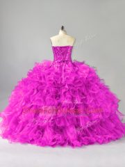 Purple Lace Up Quinceanera Gown Beading and Ruffles and Sequins Sleeveless Floor Length