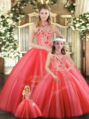 Fitting Coral Red Tulle Lace Up Quinceanera Gowns Sleeveless Floor Length Embroidery