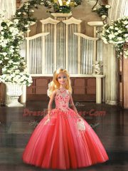 Fitting Coral Red Tulle Lace Up Quinceanera Gowns Sleeveless Floor Length Embroidery