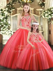 Fitting Coral Red Tulle Lace Up Quinceanera Gowns Sleeveless Floor Length Embroidery