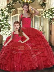 Red Ball Gowns Ruffles Sweet 16 Dresses Lace Up Tulle Sleeveless Floor Length