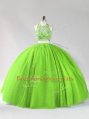 Two Pieces Tulle Halter Top Sleeveless Beading Floor Length Backless 15th Birthday Dress