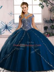 Admirable Blue Cap Sleeves Brush Train Beading Quince Ball Gowns