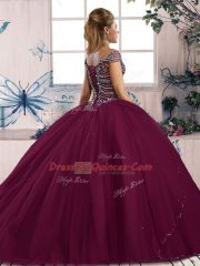 Admirable Blue Cap Sleeves Brush Train Beading Quince Ball Gowns