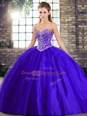 Glamorous Blue Tulle Lace Up Sweetheart Sleeveless 15 Quinceanera Dress Brush Train Beading