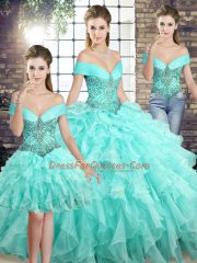 Lace Up Quinceanera Gown Aqua Blue for Military Ball and Sweet 16 and Quinceanera with Beading and Ruffles Brush Train