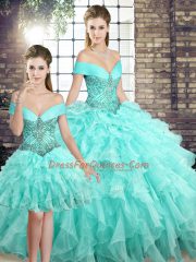 Lace Up Quinceanera Gown Aqua Blue for Military Ball and Sweet 16 and Quinceanera with Beading and Ruffles Brush Train