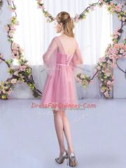 Romantic Pink A-line V-neck Half Sleeves Tulle Mini Length Lace Up Appliques and Belt Dama Dress