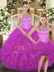 Gorgeous Three Pieces Quinceanera Gown Fuchsia Halter Top Tulle Sleeveless Floor Length Lace Up