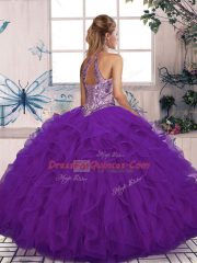 Halter Top Sleeveless Quince Ball Gowns Floor Length Beading and Ruffles Purple Tulle