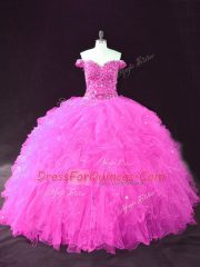 Modern Fuchsia Ball Gowns Tulle Off The Shoulder Sleeveless Beading and Ruffles Floor Length Lace Up Sweet 16 Quinceanera Dress